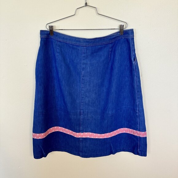 Vintage Womens Denim Skirt 2X 16 Full Button Knee Length Jean Pink Trim Pockets - Picture 2 of 8